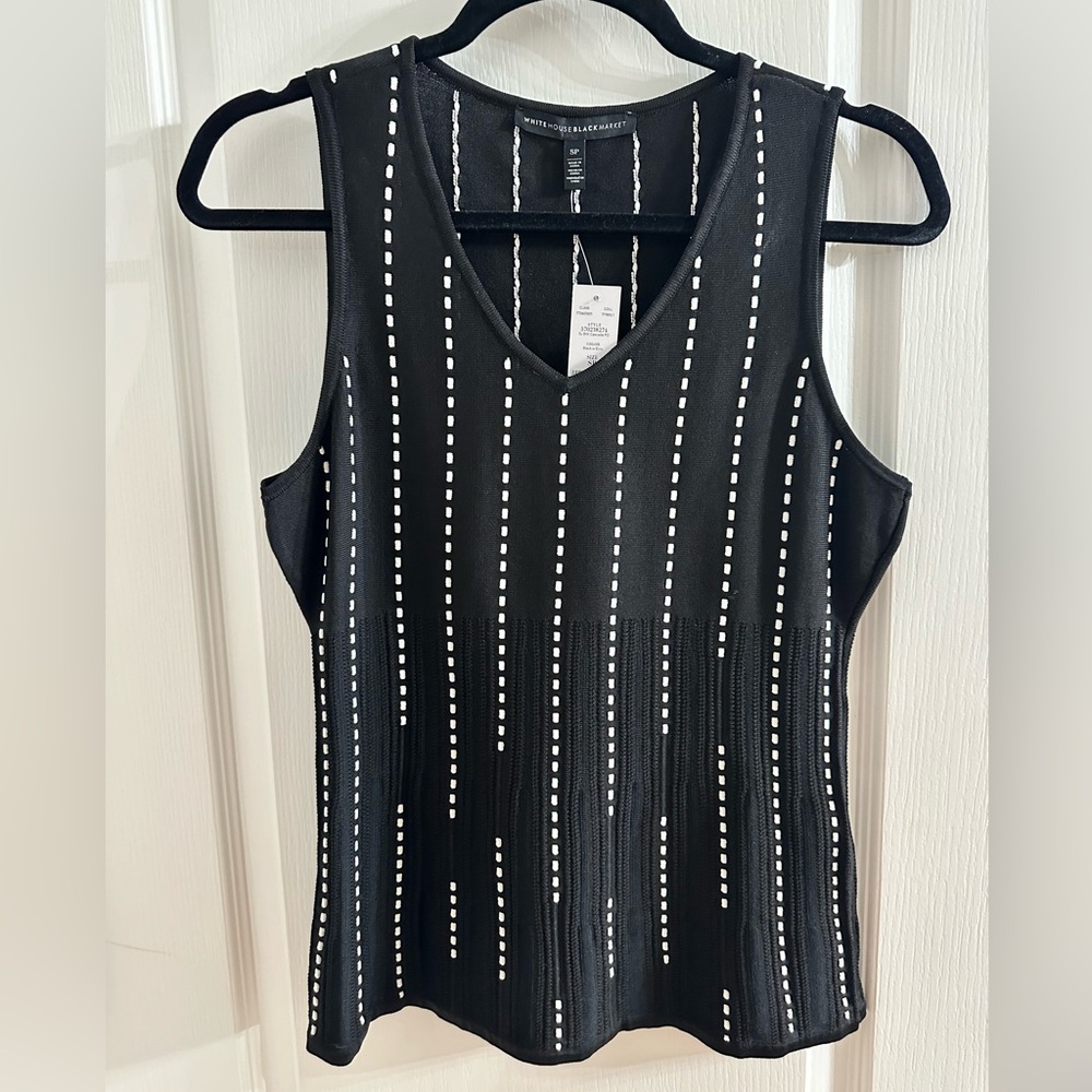 White House Black Market NWT Black w/ Ecru V-Neck Sleeveless Sweater Top Size SP